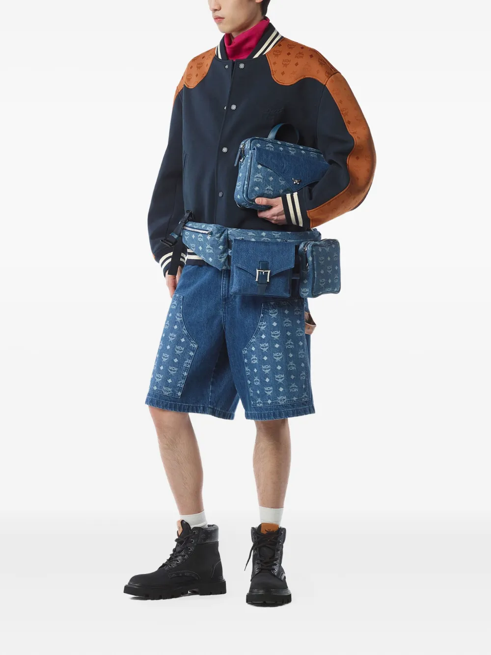 MCM large Aren monogram-jacquard denim multi-backpack Blauw