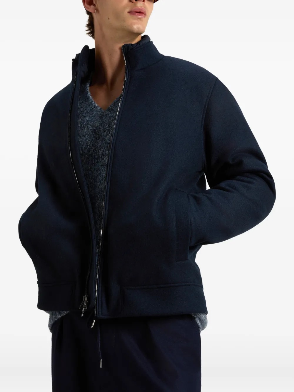 Woolrich Knitted Wool Bomber Jacket In Blue