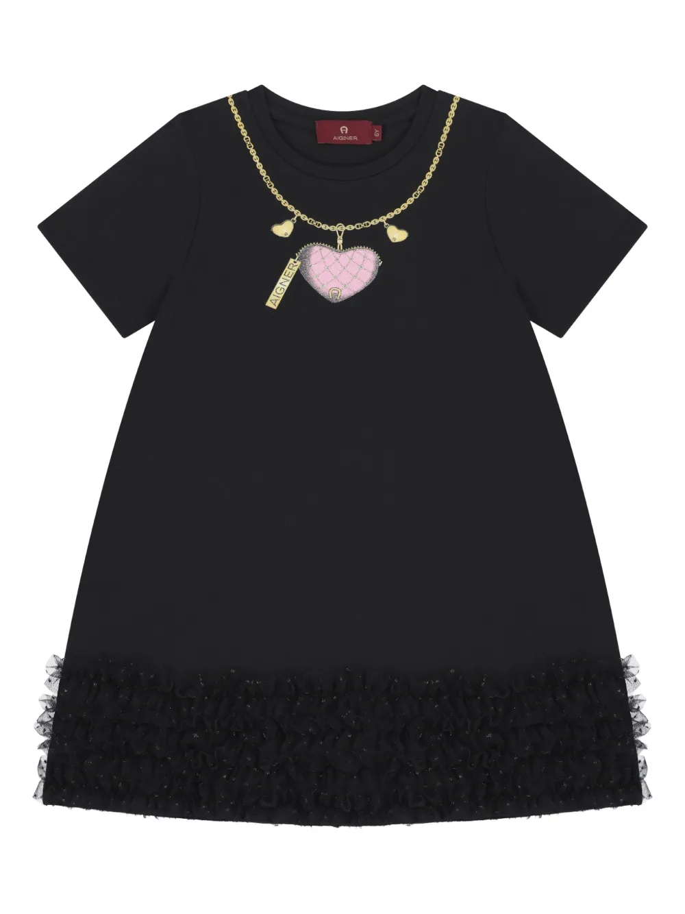 Aigner Kids heart-print ruffled dress Zwart