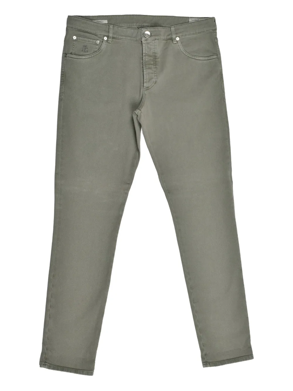 Brunello Cucinelli Jeans met geborduurd logo en leren patch Groen