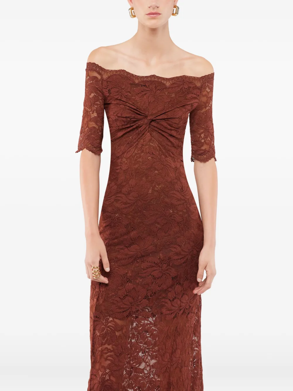 Rabanne Off-the-shoulder Brown Midi Dress With Twisted Knot Detail In Brown