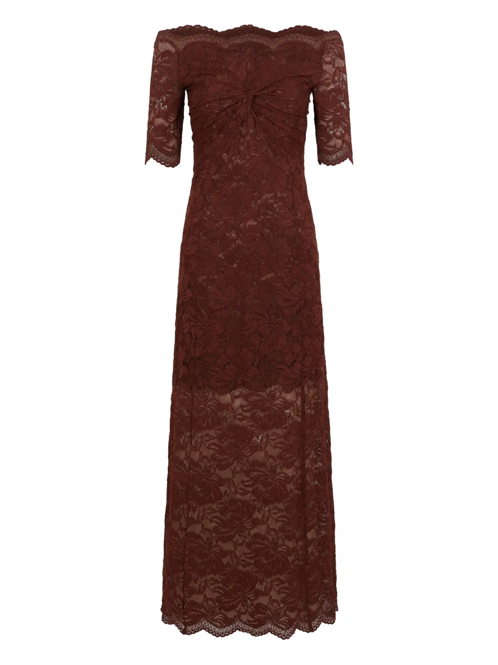 Rabanne Abito midi con spalle scoperte e dettagli in pizzo - Marrone