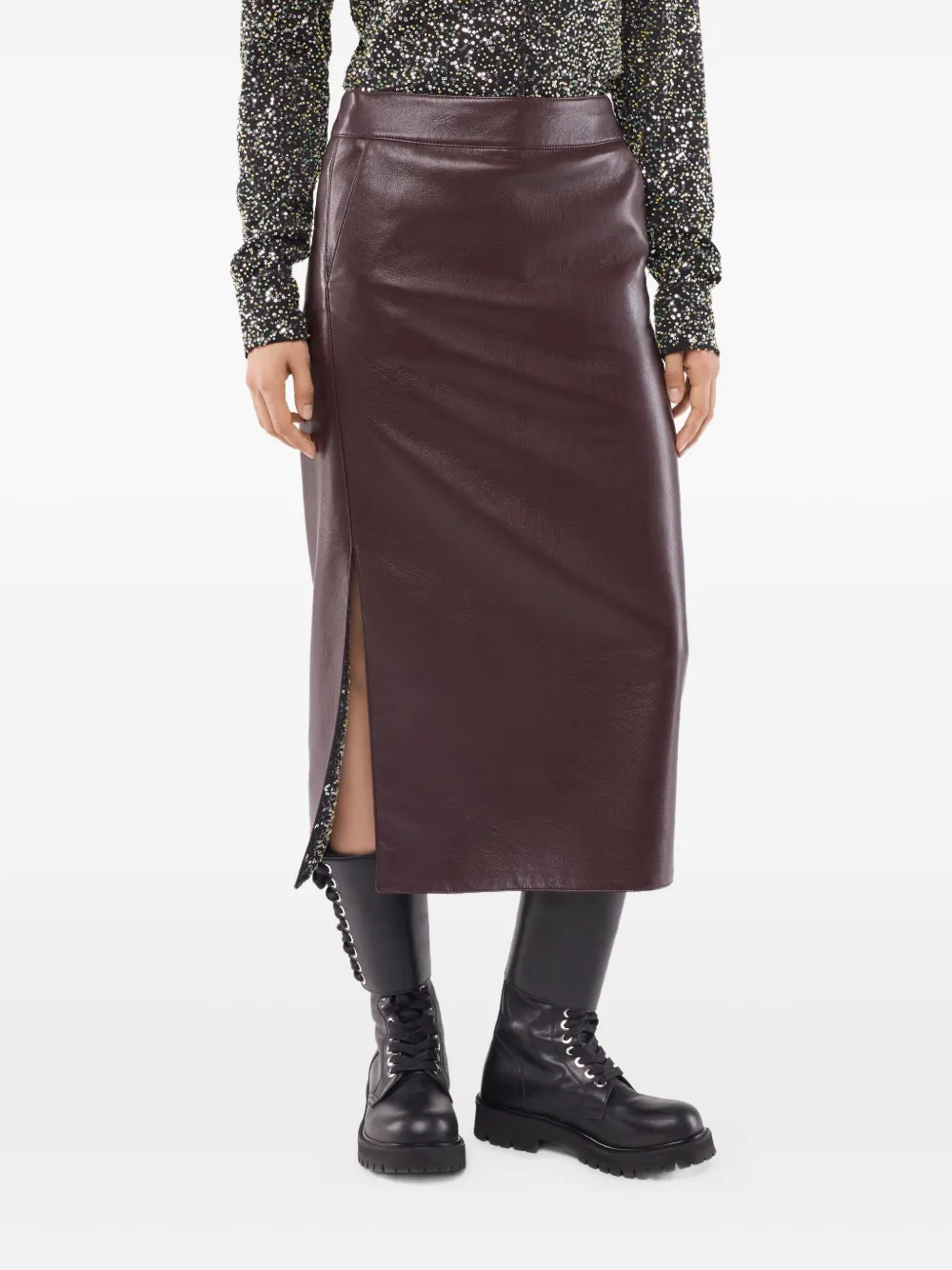Rabanne Belted Leather Split Midi Skirt In Brown