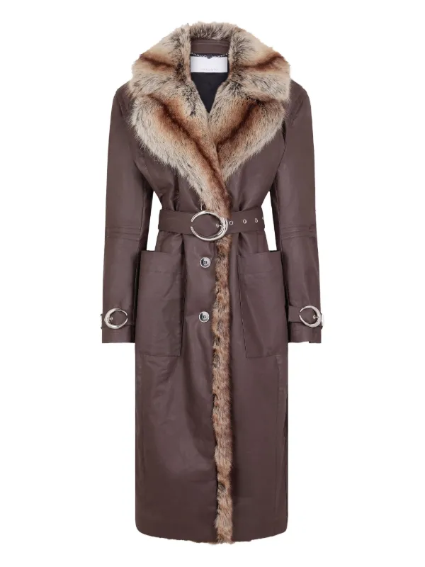 Rabanne Fur-trimmed Belted Coat in Purple