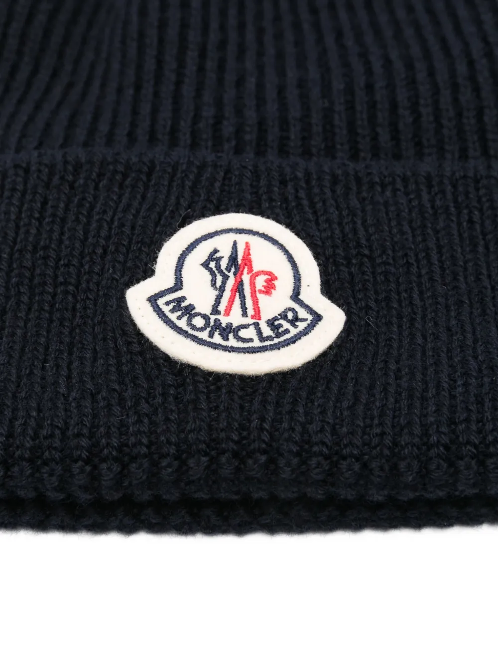 Moncler logo-patch ribbed beanie hat Blauw