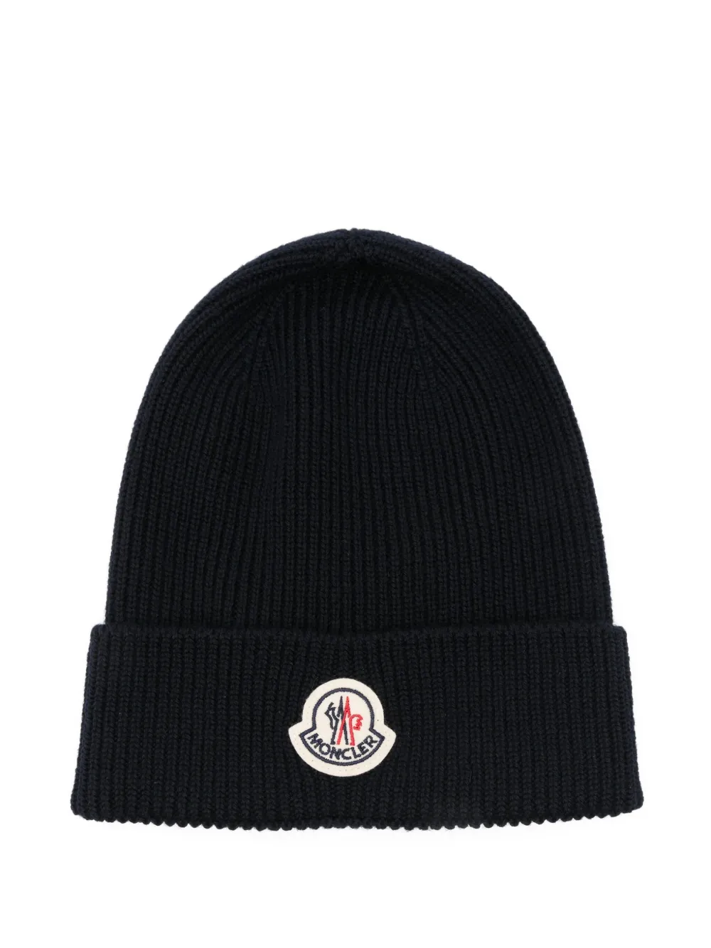 Moncler logo-patch ribbed beanie hat Blauw