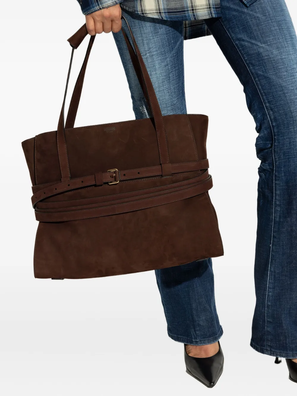 Moschino Tie Me belted suede tote bag - Bruin