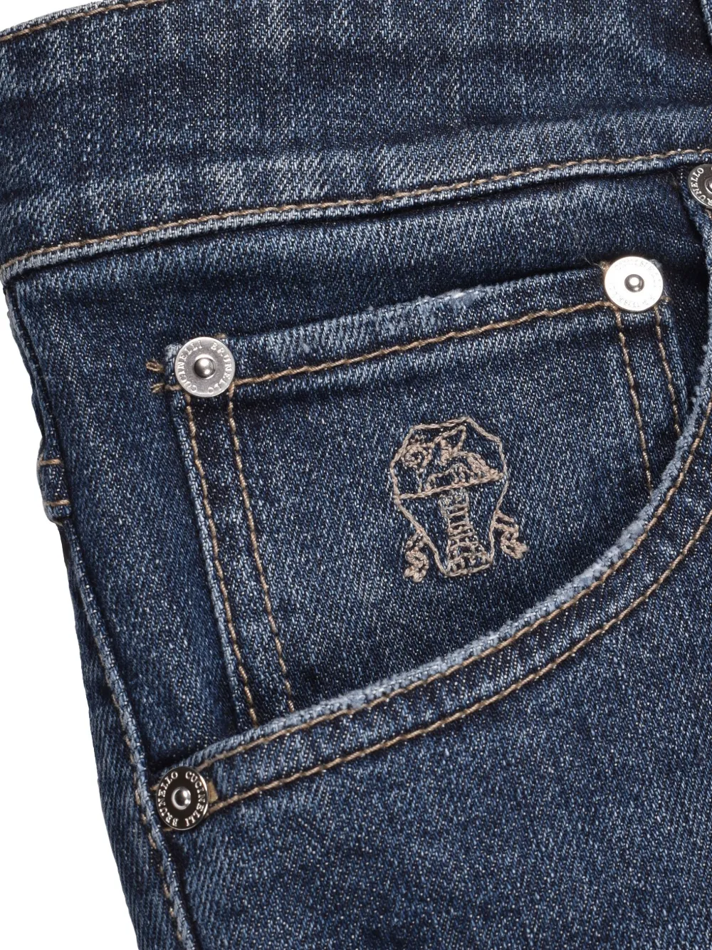 Brunello Cucinelli Distressed Logo-patch Jeans In Blue