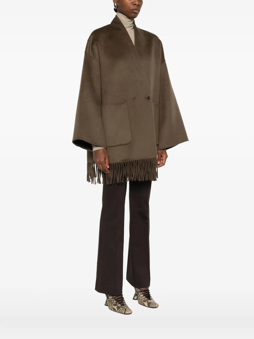 The Dynamis Studio Fringed Patch-pocket Coat In Brown