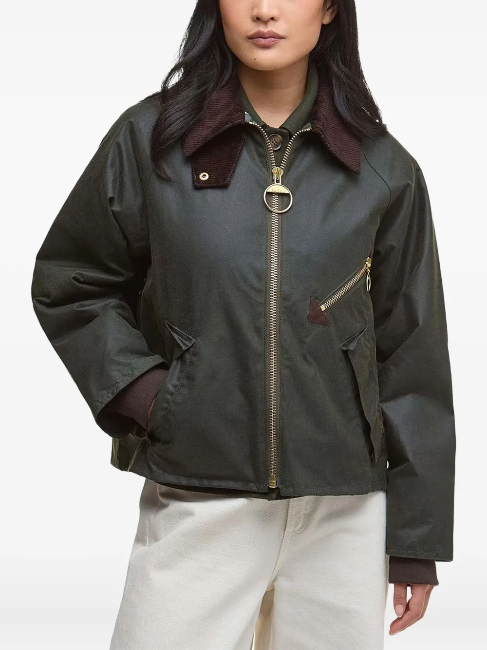 Barbour corduroy-collar zip-front jacket Groen