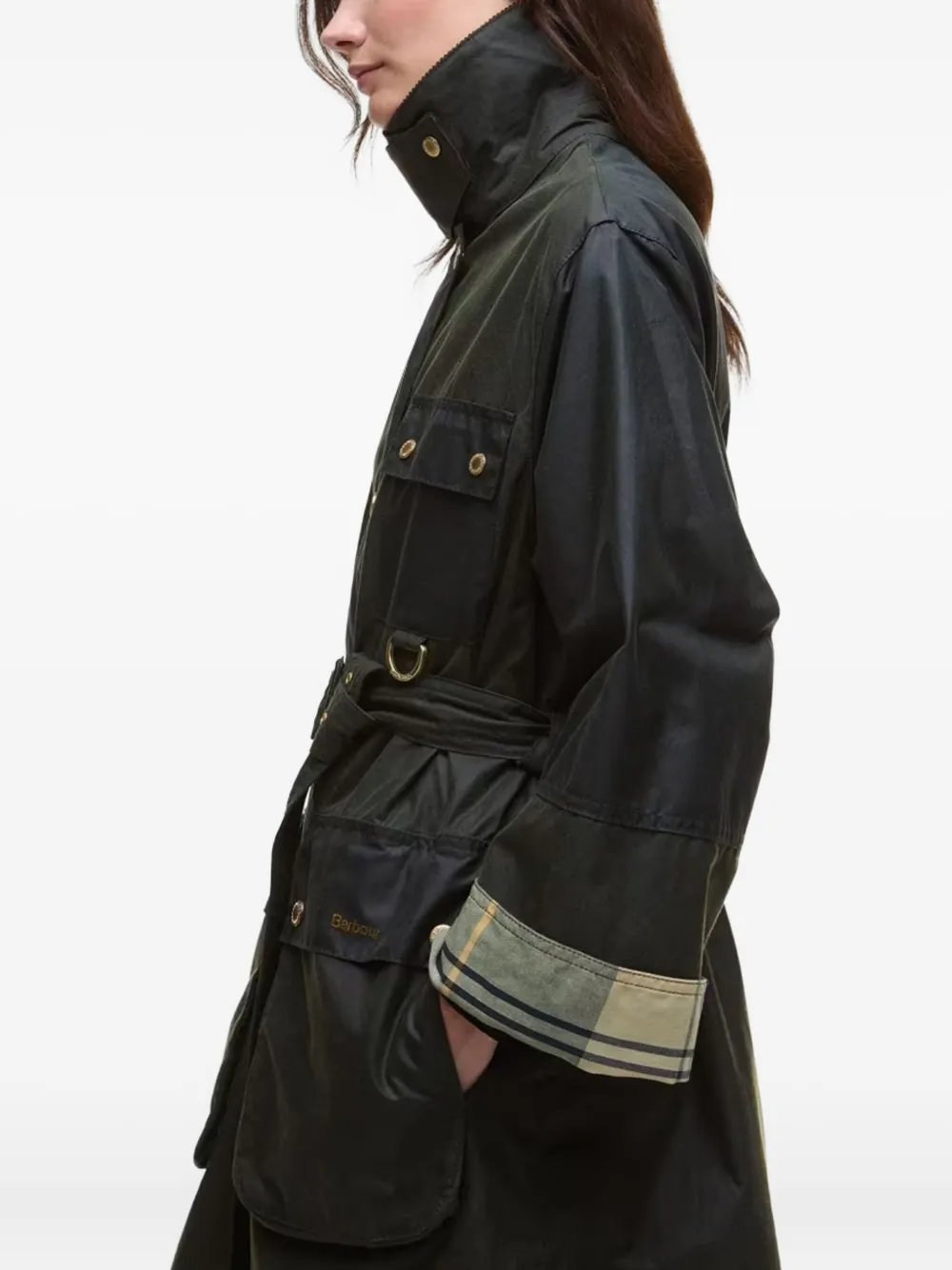 Barbour belted tartan-cuff coat Zwart
