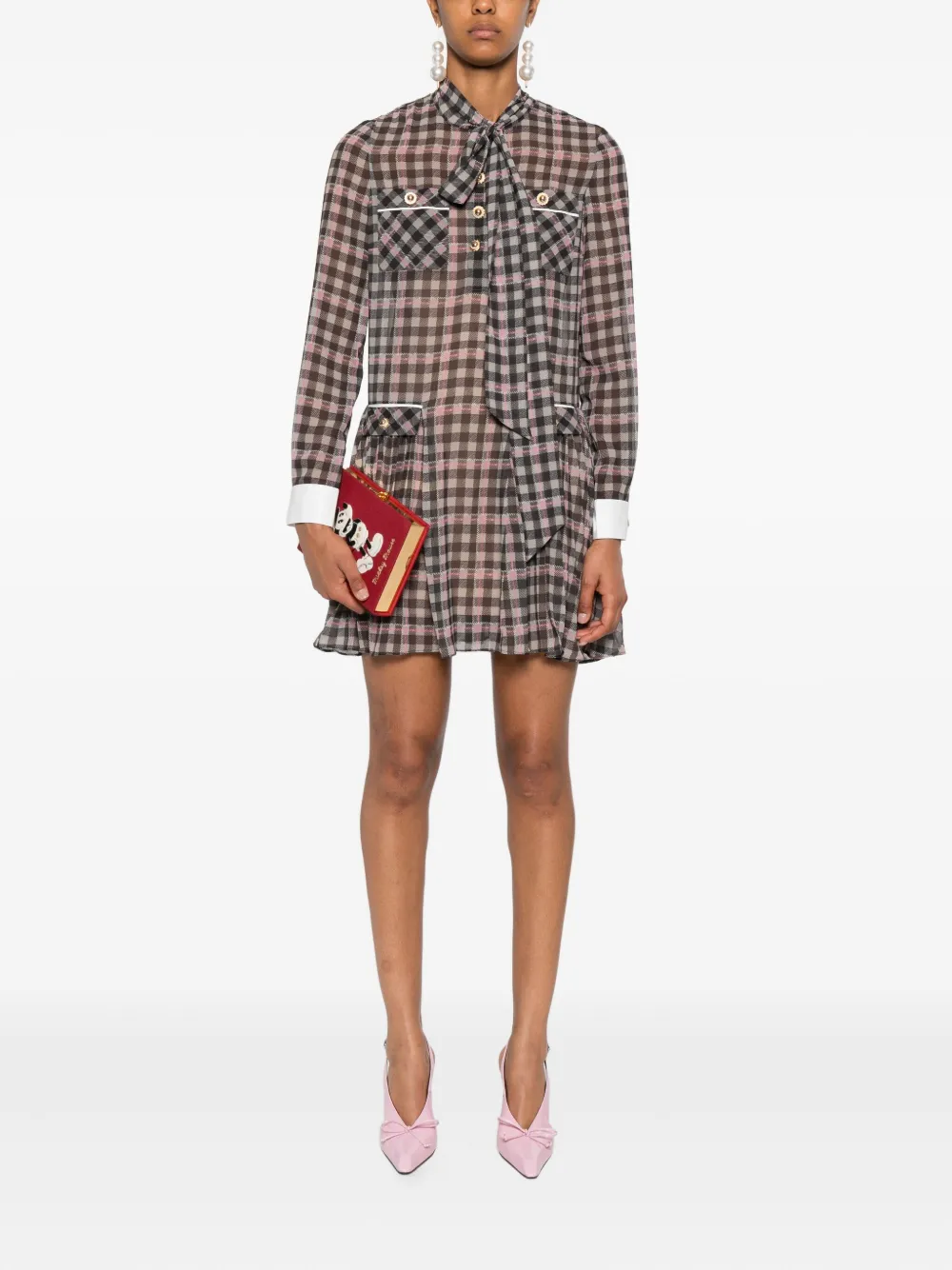 Self-Portrait pleated checked dress - Bruin