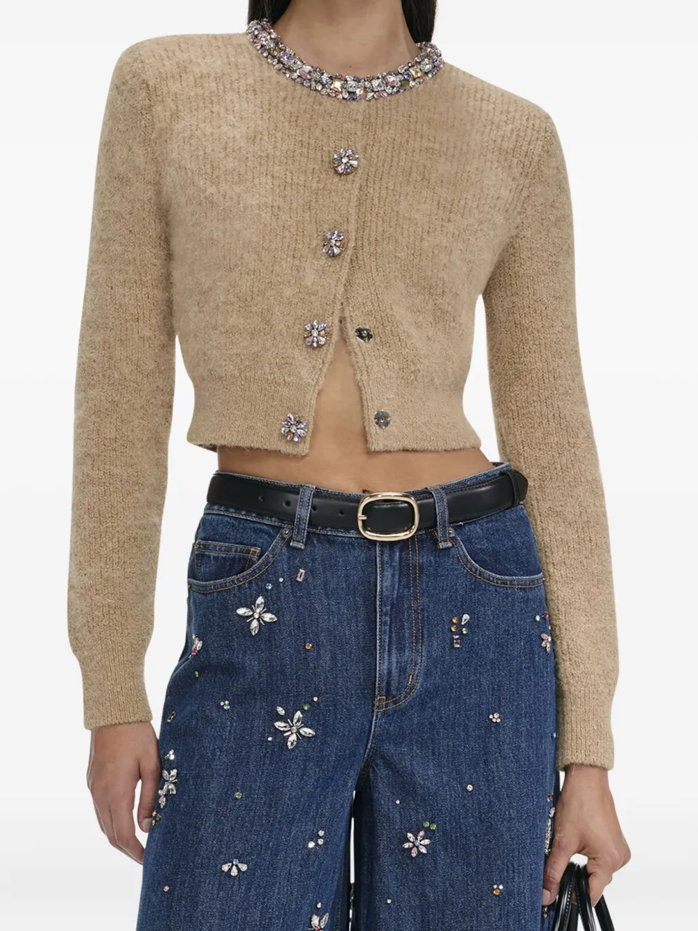 Self-Portrait jewel-embellished alpaca cardigan Bruin