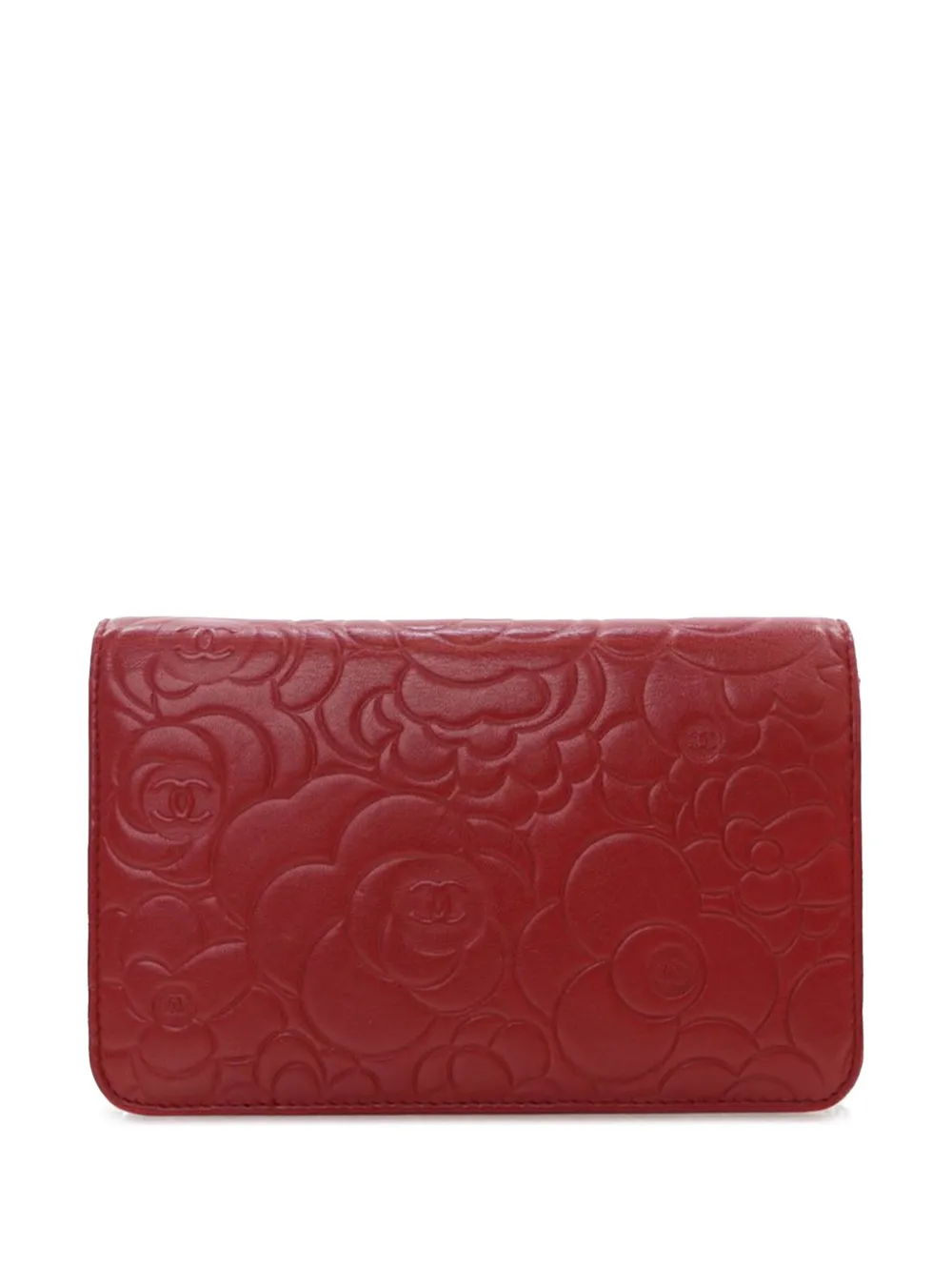 Pre-owned Chanel 2014-2015 Embossed Lambskin Camellia Wallet On Chain Crossbody Bag In Red