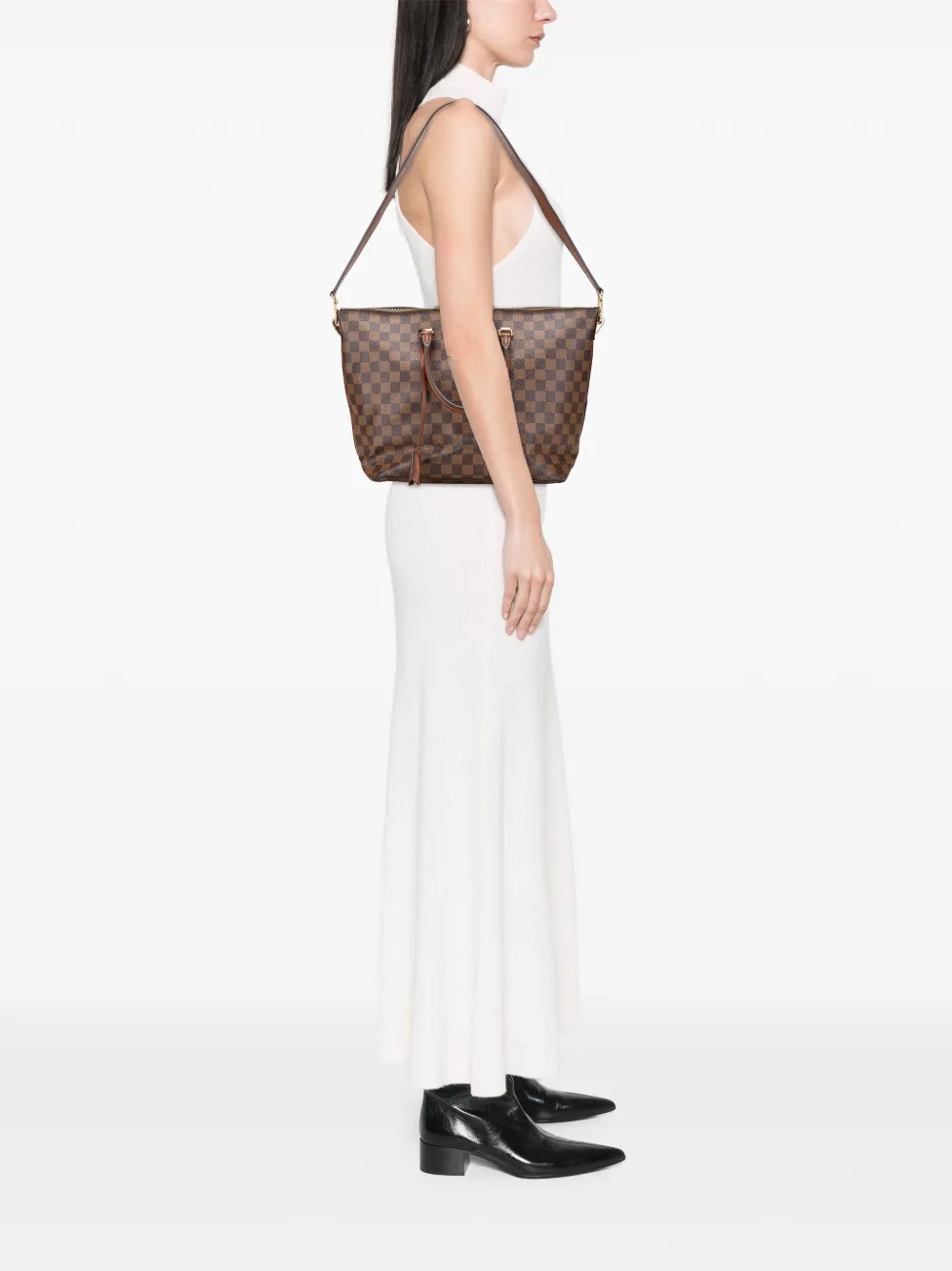 Pre-owned Louis Vuitton 2014 Damier Ebene Belmont Mm Satchel In Brown