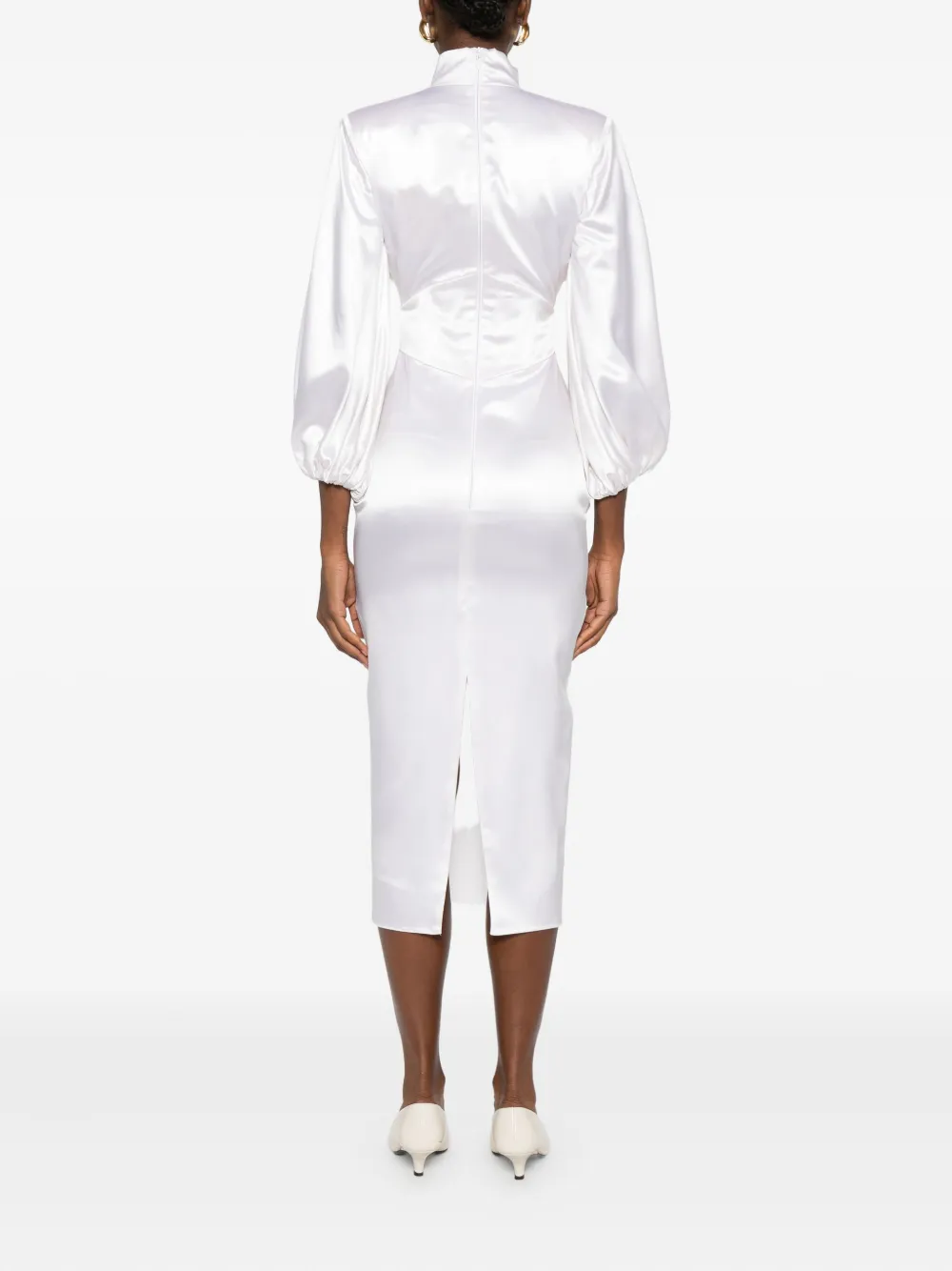 Vestiaire d'un Oiseau Libre All About Eve midi-jurk met pofmouwen en hoge hals Wit