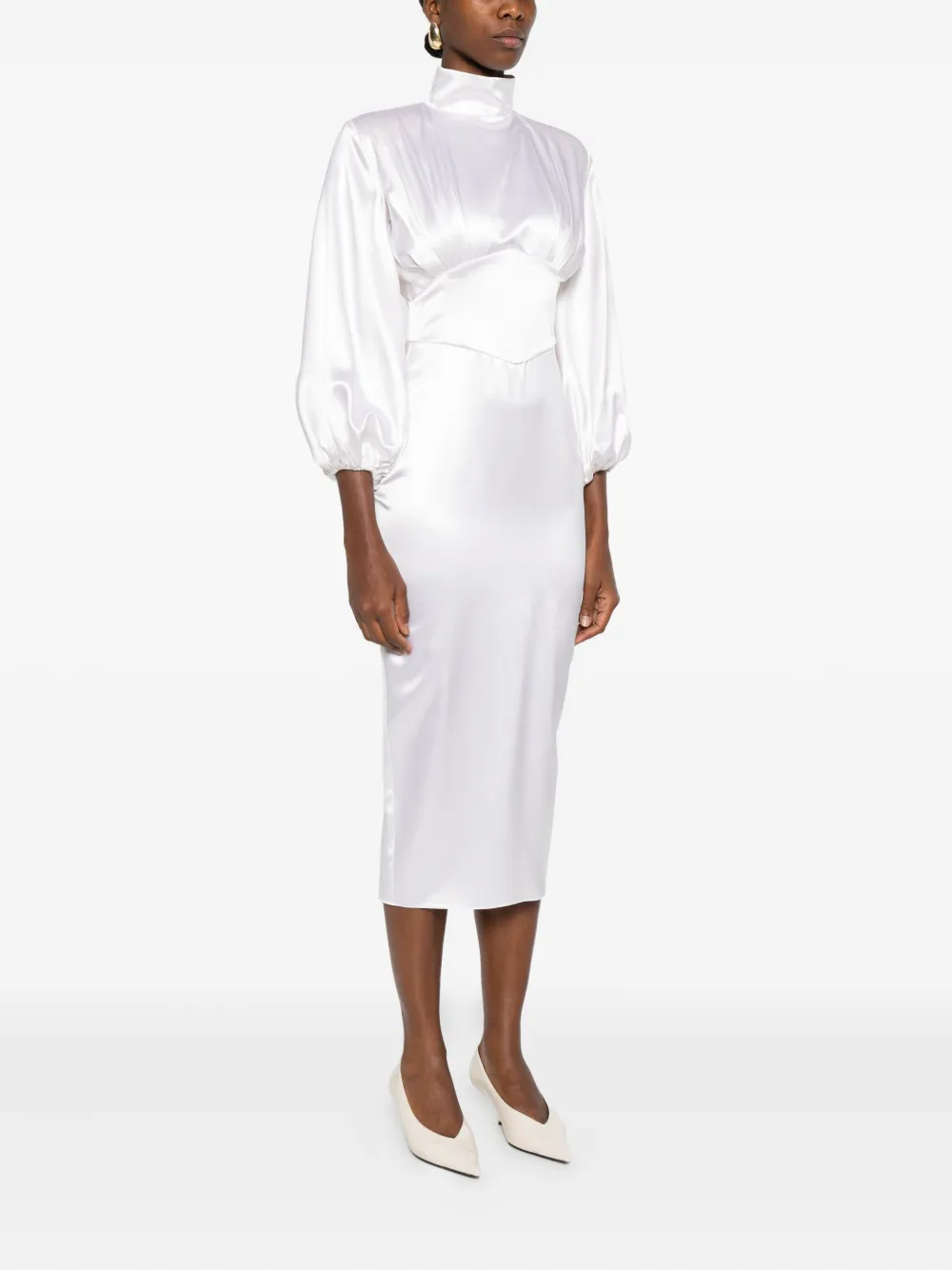 Vestiaire d'un Oiseau Libre All About Eve midi-jurk met pofmouwen en hoge hals Wit