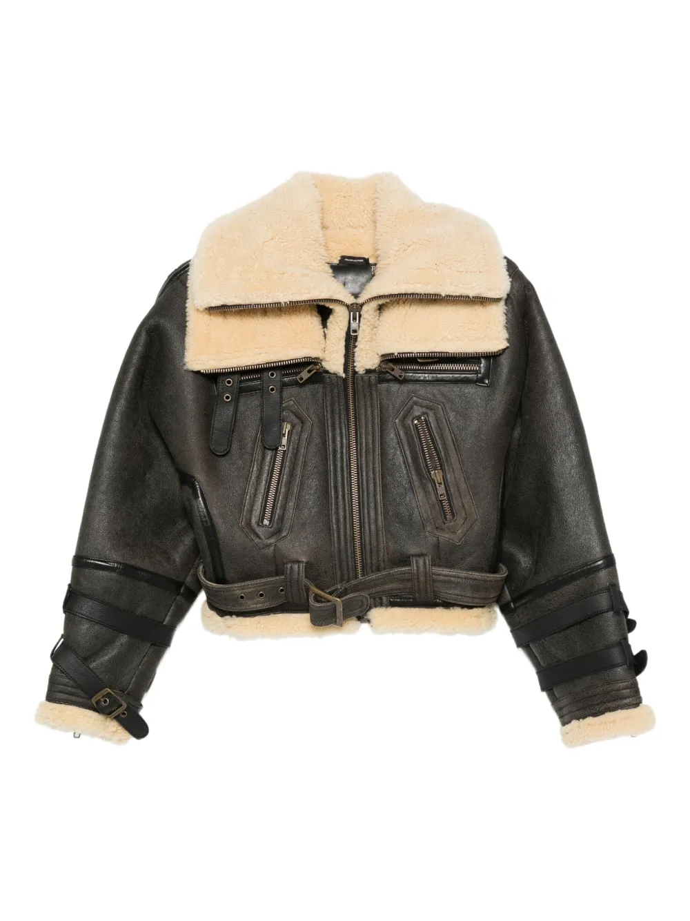R13 shearling-collared belted jacket | Black | Image 1