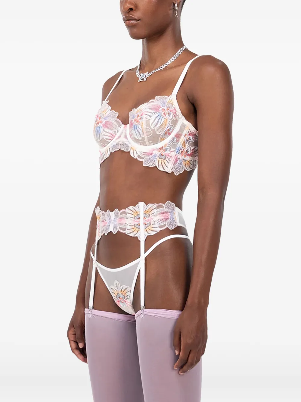 Zhilyova Jarretellegordel met geborduurde bloemen Beige