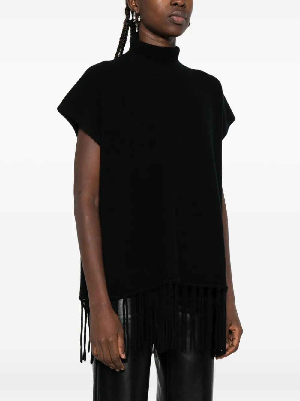 Patrizia Pepe Turtleneck Fringe Poncho In Black