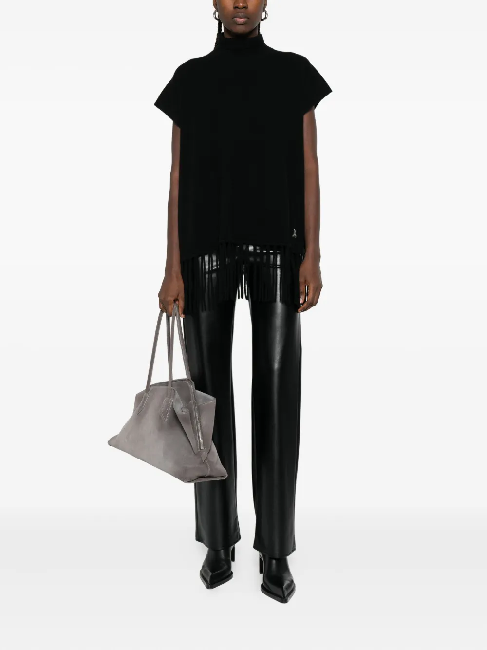 Patrizia Pepe Turtleneck Fringe Poncho In Black