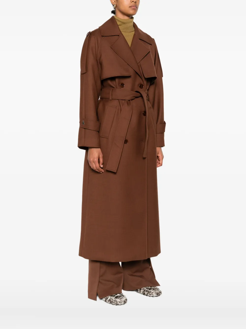 Patrizia Pepe Brown Wool Blend Trench Coat With Belted Waist In Brown