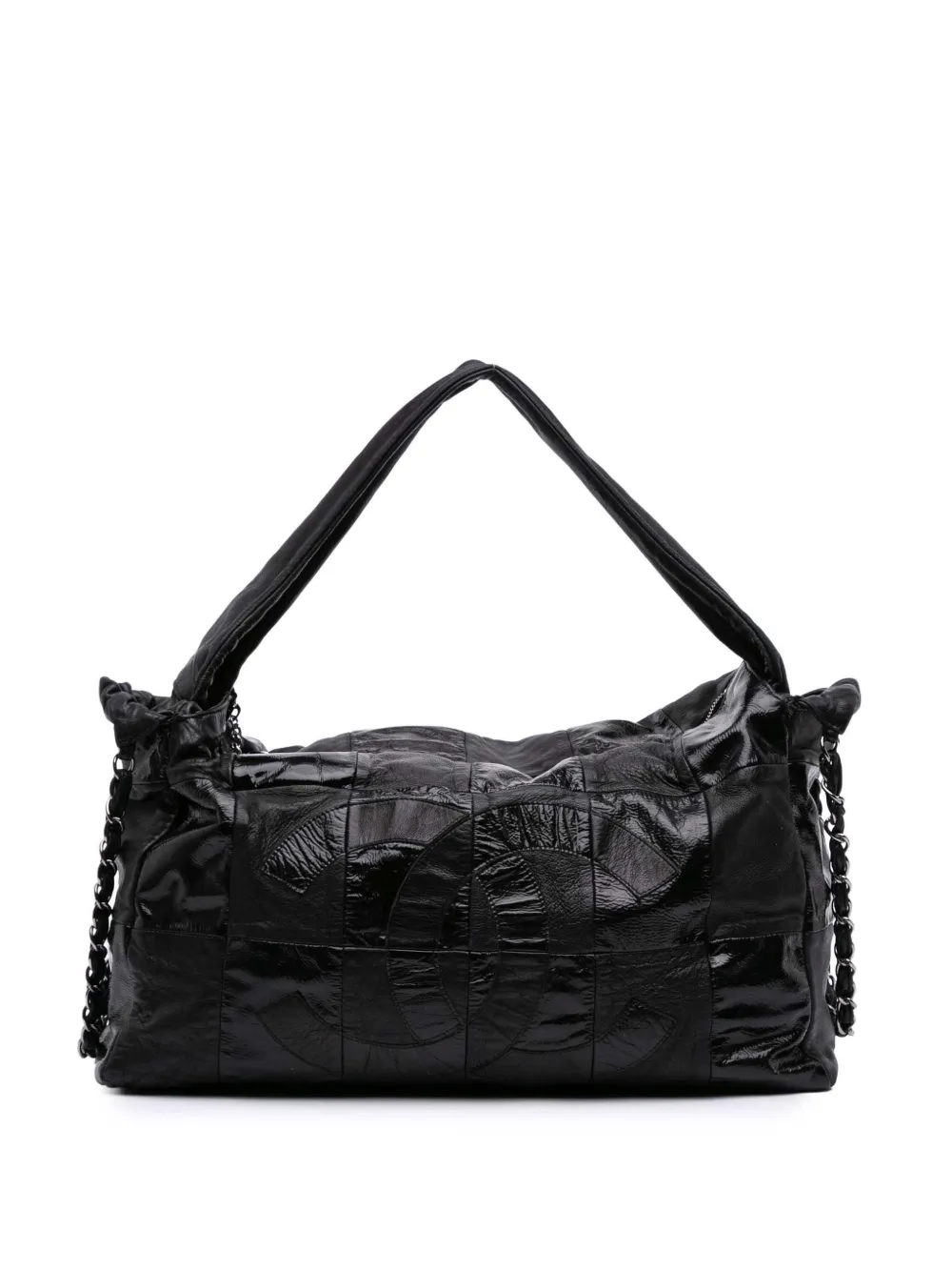 CHANEL Pre-Owned 2006-2008 ラムスキン&パテント ブルックリン パッチワーク ホーボーバッグ - ブラック CHANEL Pre-Owned 2006-2008 ラムスキン&パテント ブルックリン パッチワーク ホーボーバッグ - ブラック
