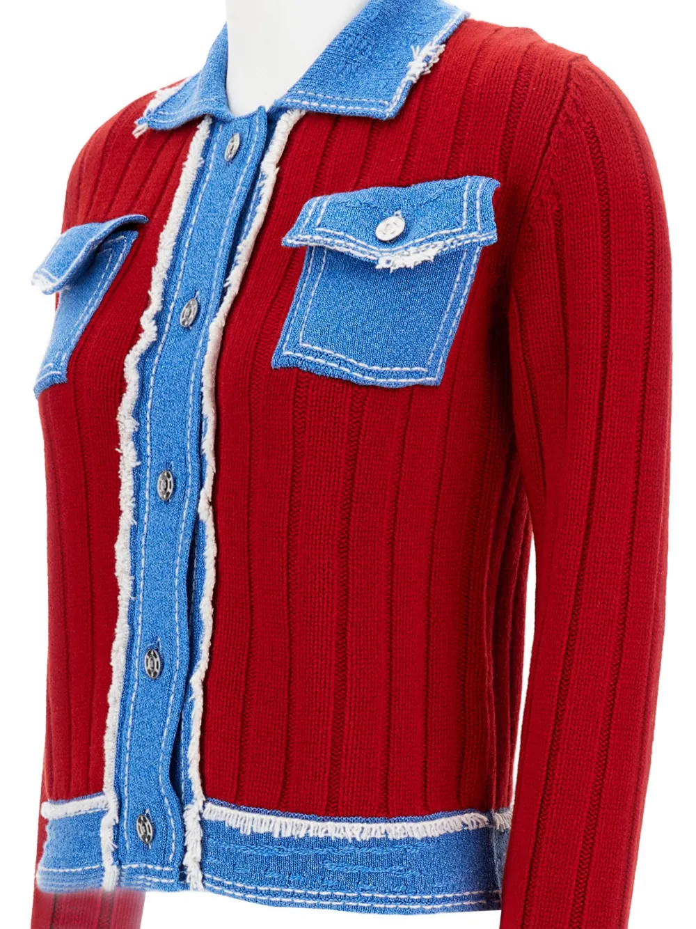 Barrie Ribbed-knit Denim-trimmed Jacket In Red