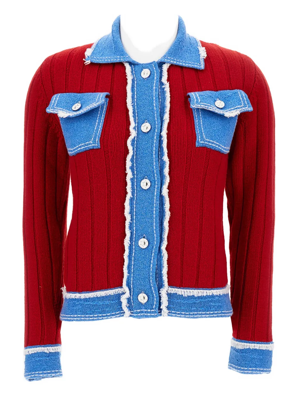 Barrie Ribbed-knit Denim-trimmed Jacket In Red