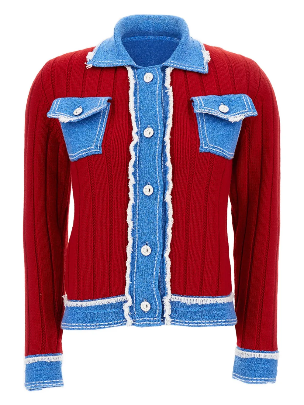 Barrie ribbed-knit denim-trimmed jacket | Red | Image 1