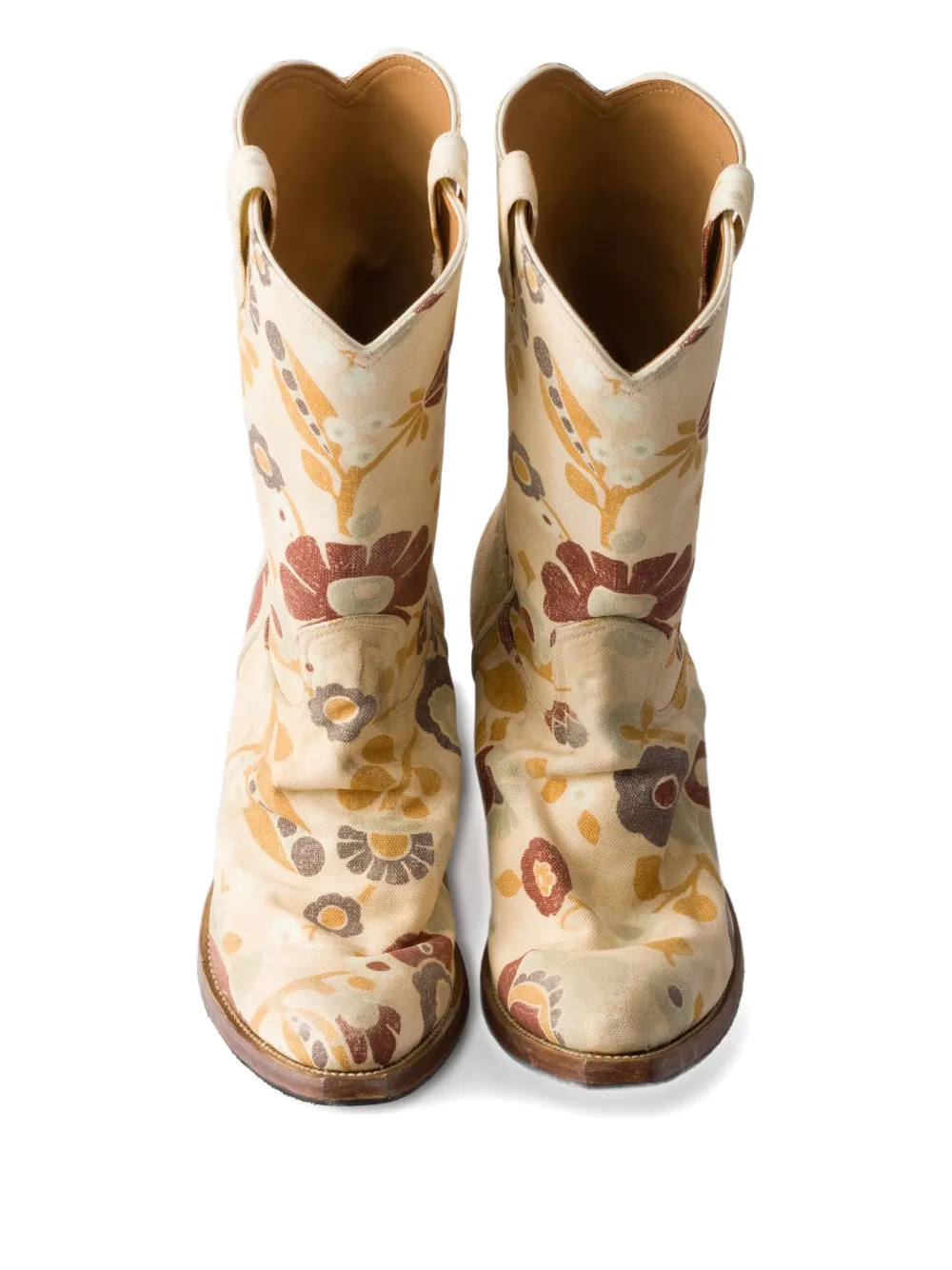 Prada Floral Block Heel Mid-calf Canvas Boots In Neutral