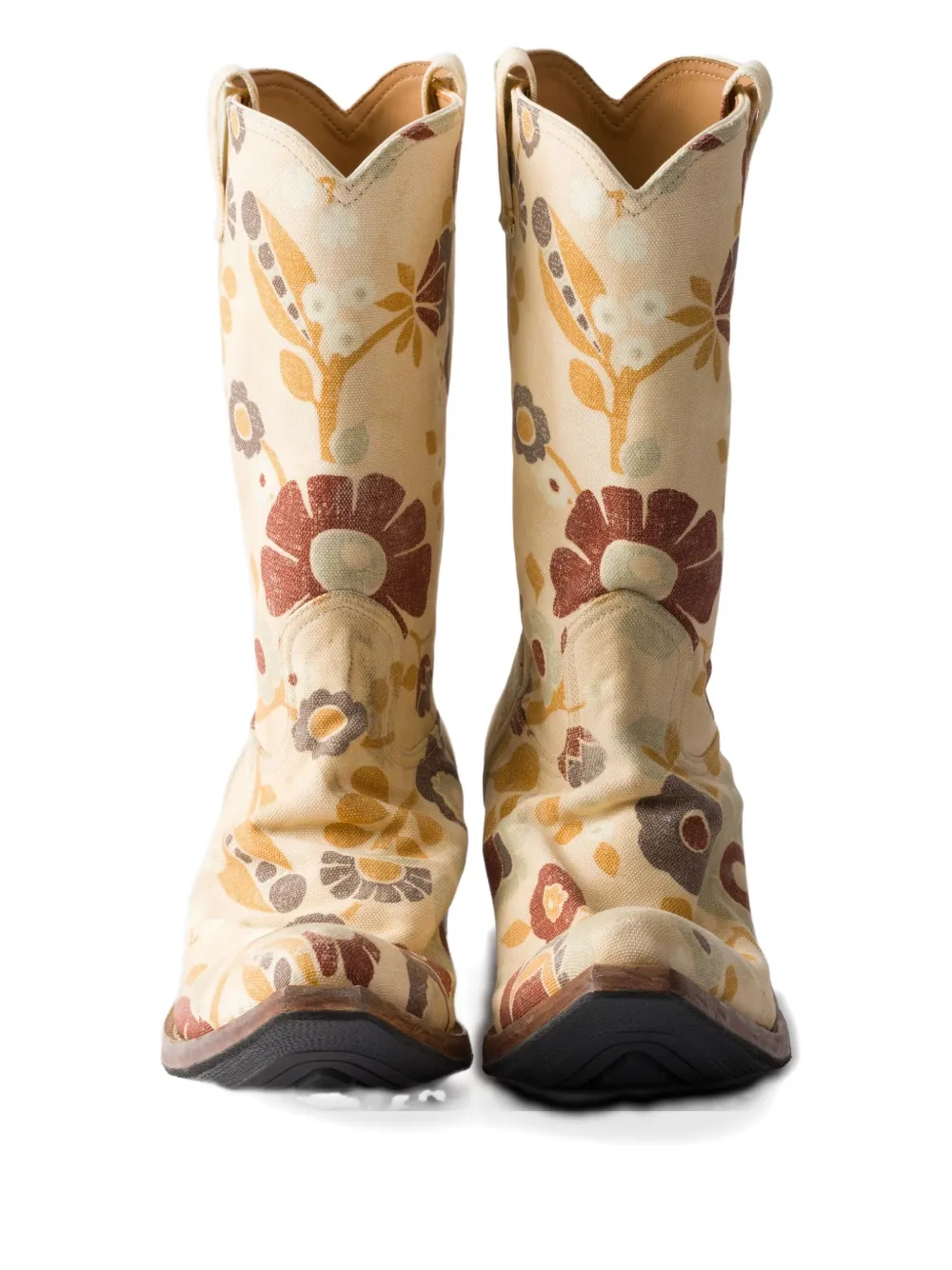 Prada Floral Block Heel Mid-calf Canvas Boots In Neutral