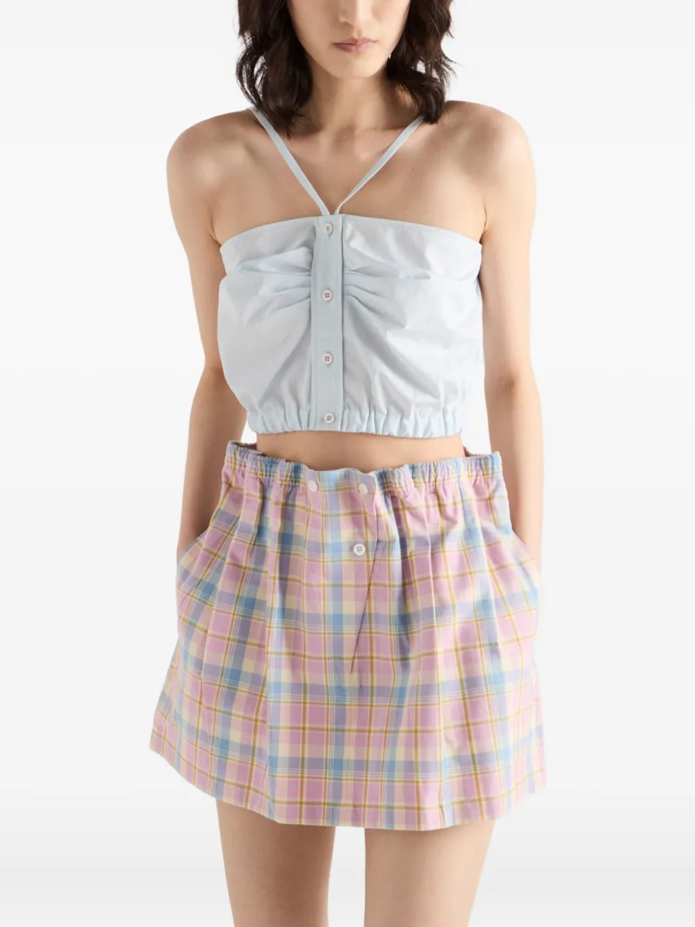 Prada Geruite mini-rok met gesmockte taille Roze