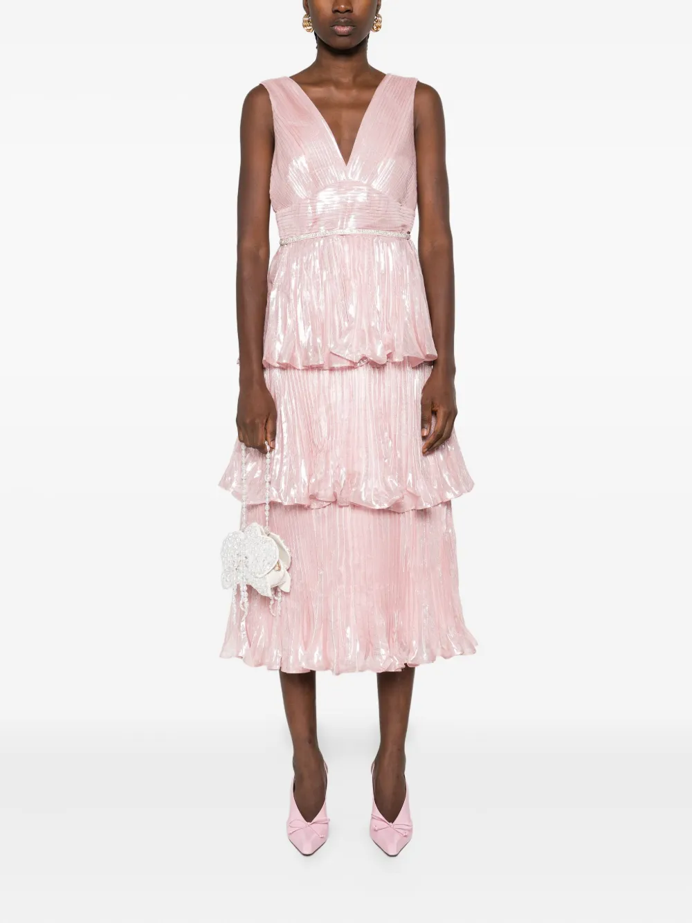 Self-Portrait pleated V-neck dress - Roze