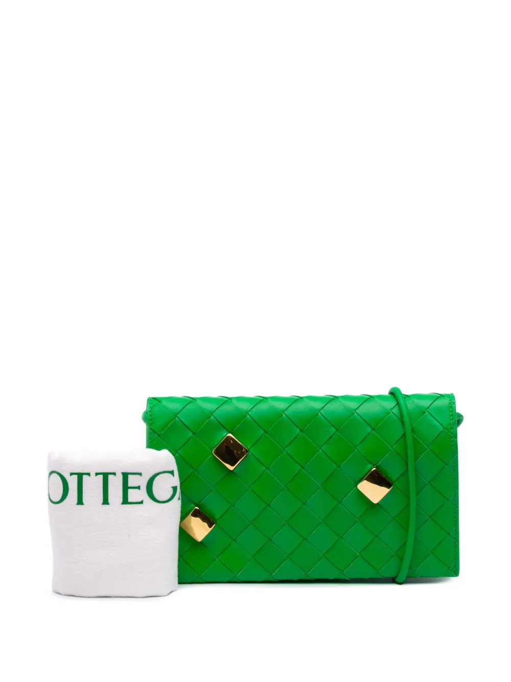 Pre-owned Bottega Veneta 2012-2025 Nappa Intrecciato Studded Wallet On Strap Crossbody Bag In Green