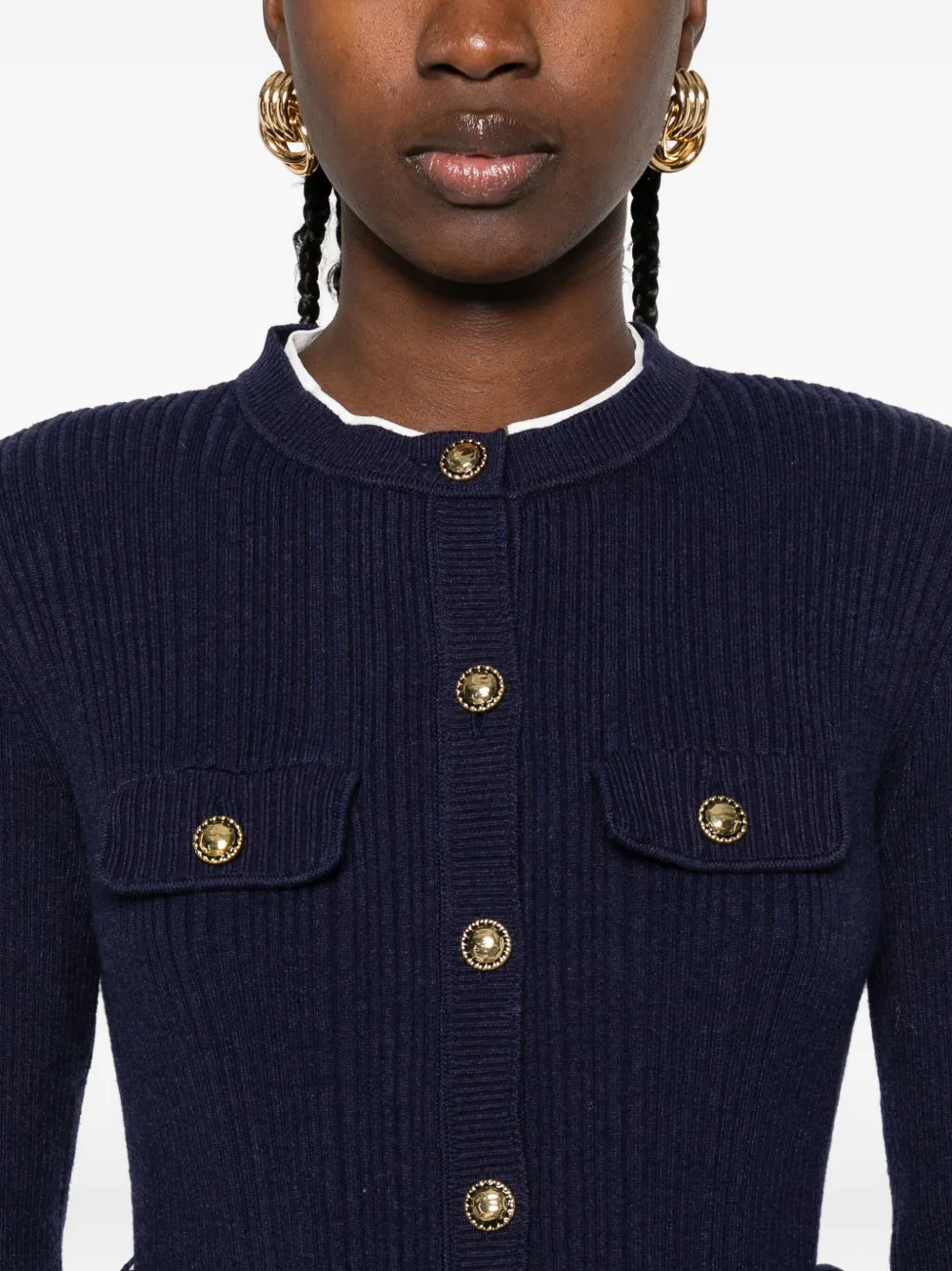 Self-Portrait button-detailed ribbed knit dress Blauw