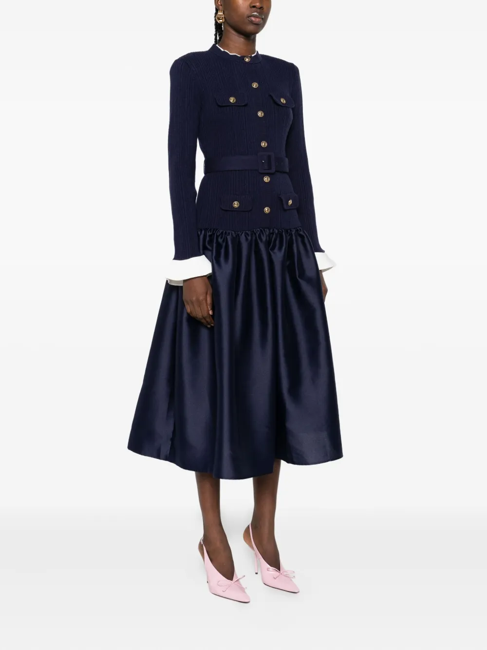 Self-Portrait button-detailed ribbed knit dress Blauw