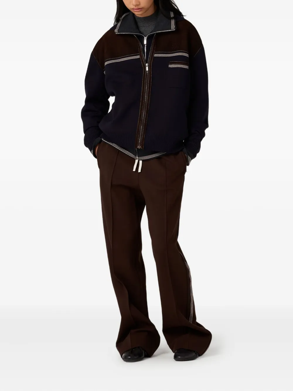 Miu Miu Leather-panel Wool Cardigan In Blue