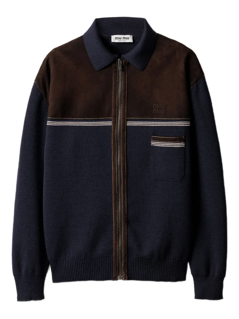 Miu Miu Leather-panel Wool Cardigan In Blue