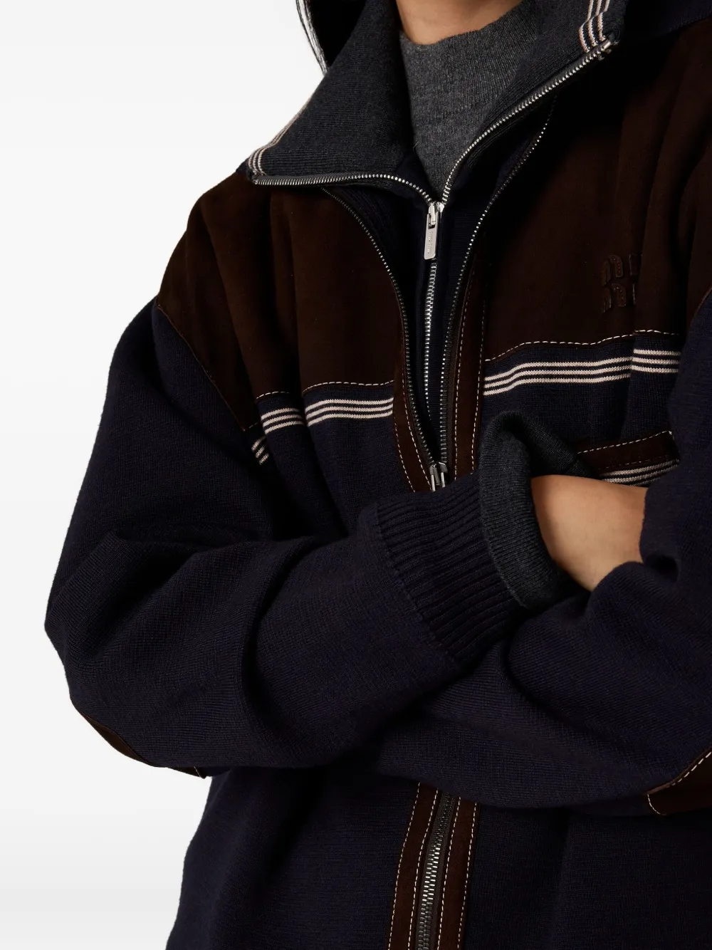 Miu Miu Leather-panel Wool Cardigan In Blue
