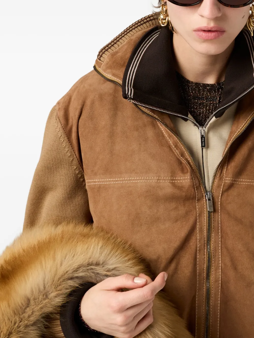Miu Geribbeld vest met suède vlakken Bruin