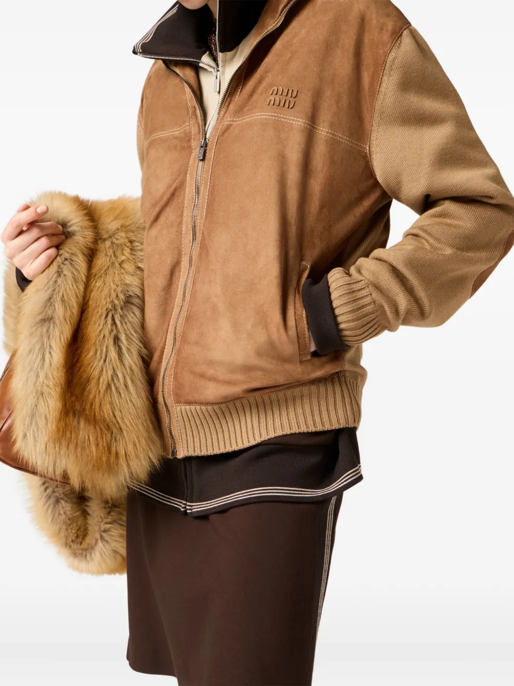 Miu Geribbeld vest met suède vlakken Bruin