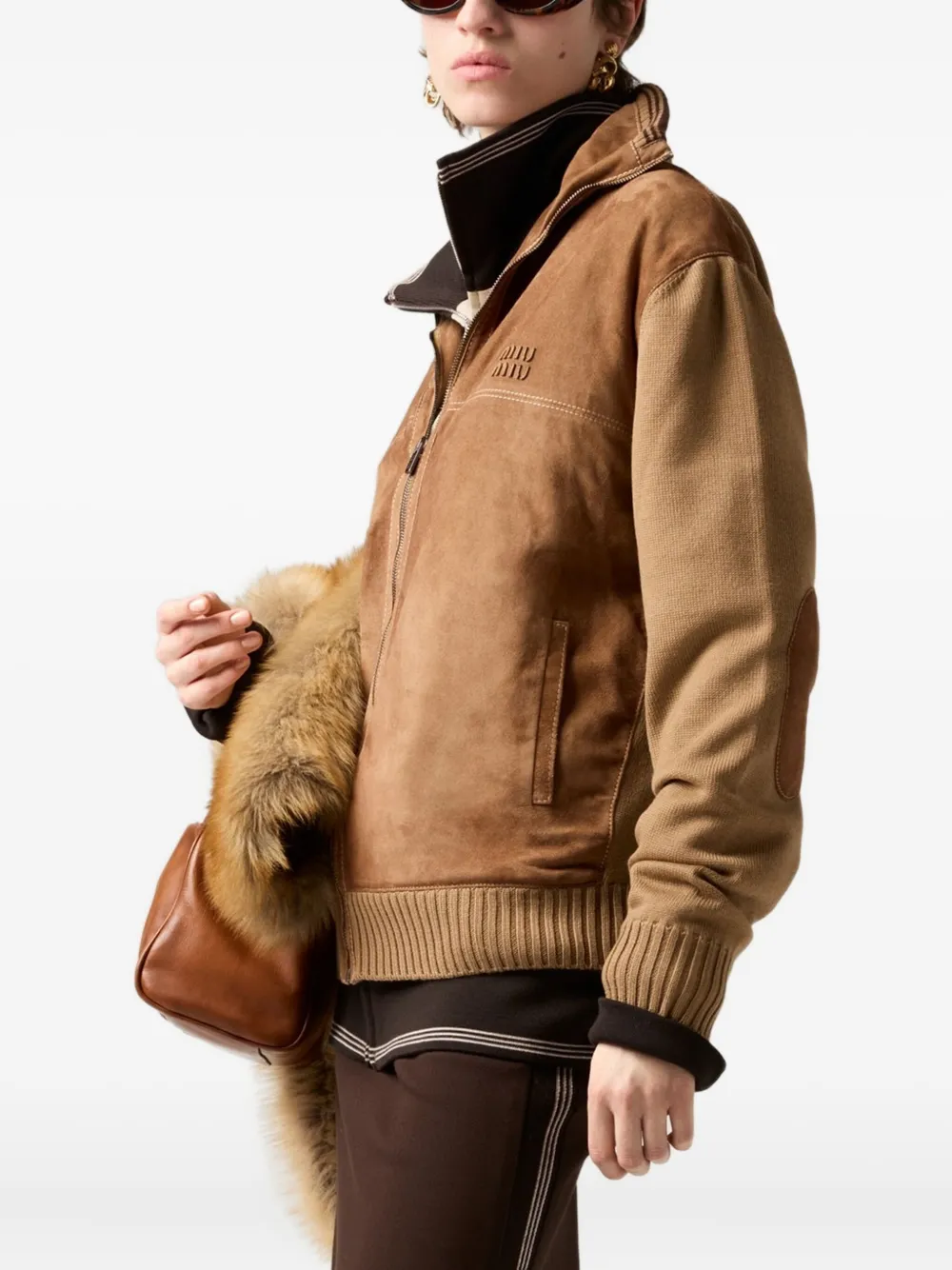 Miu Geribbeld vest met suède vlakken Bruin