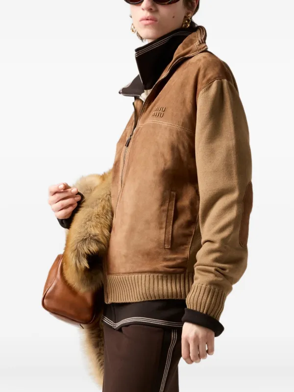 Miu Miu suede-insert Ribbed Cardigan | Brown | FARFETCH