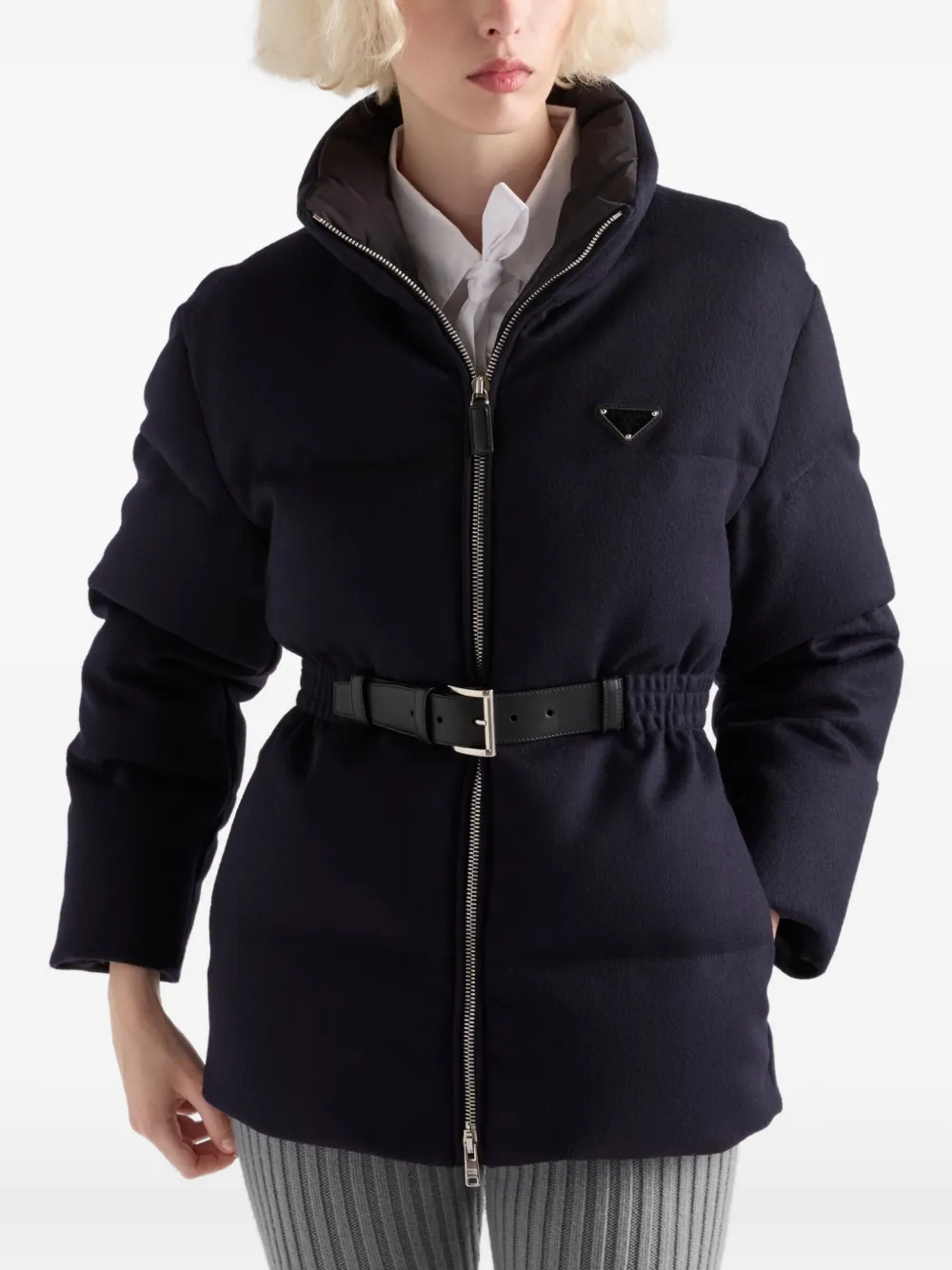 Prada Womens Blue Loden Belted Shell-down Puffer Jacket In Blue