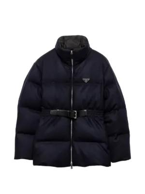 Prada Loden triangle-logo Belted Puffer Jacket | Grey | FARFETCH CA