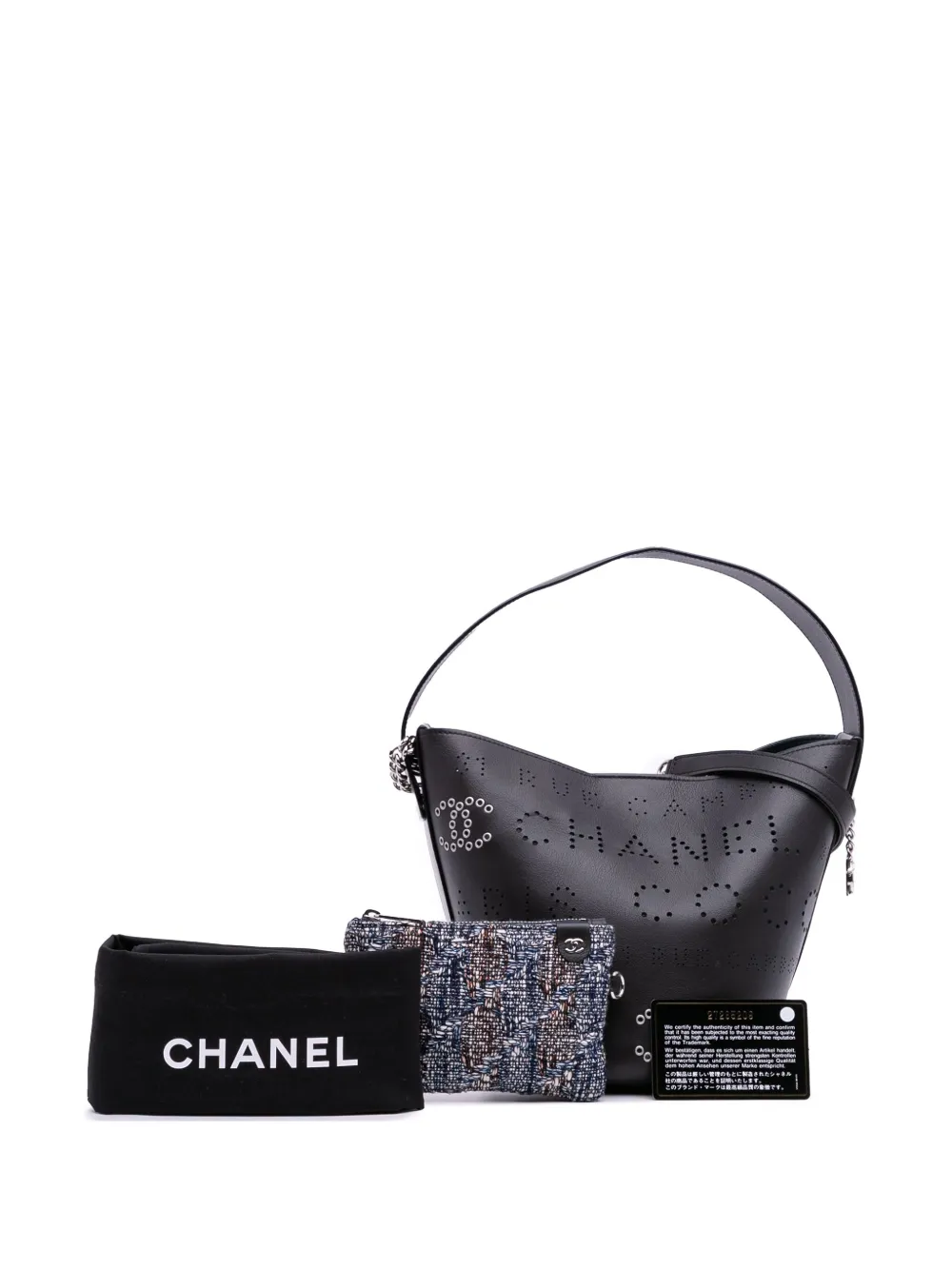 Pre-owned Chanel 2019 Calfskin And Tweed Small Piercing Light Bucket Bag In Blue