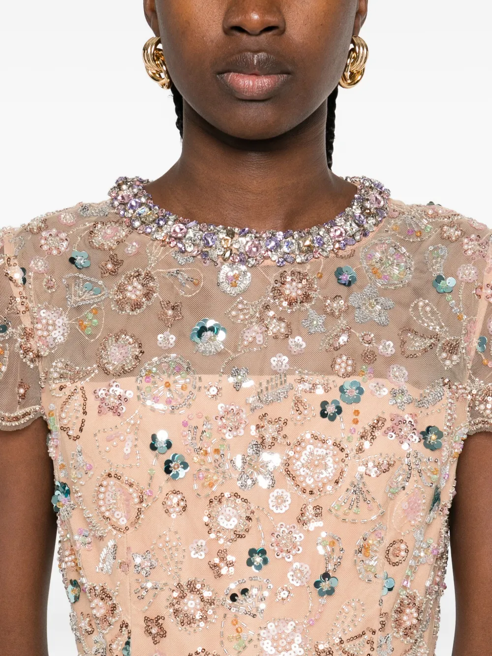 Self-portrait Embellished Short-sleeved Dress In Multi