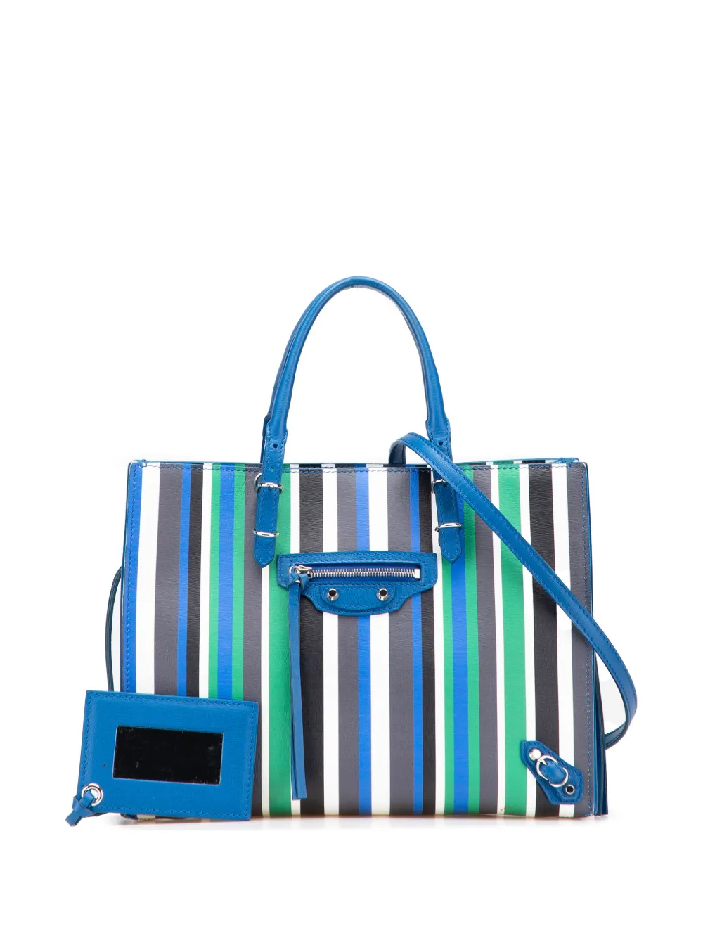 Pre-owned Balenciaga 2017 Mini Leather Striped Papier A6 Zip Around Satchel In Blue