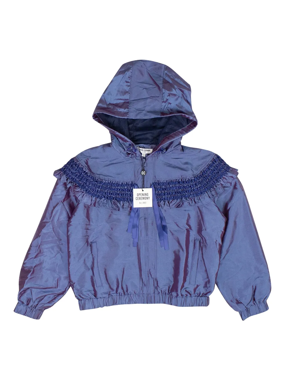 smocked ruffled bomber jacket